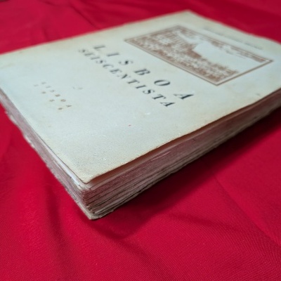 Livro antigo com capa branca e texto Lisboa Subscentista sobre tecido vermelho