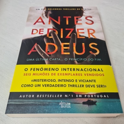 Capa do livro 'Antes de Dizer Adeus' com mão em silhueta e texto em português.
