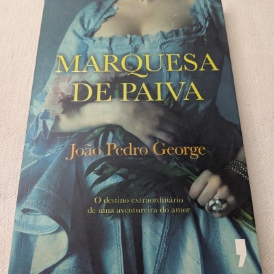 Capa de livro de mulher com vestido azul e texto do título e autor