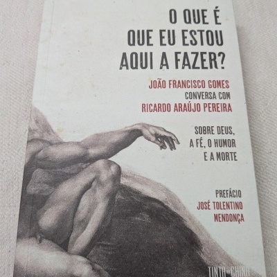 Capa do livro O QUE É QUE EU ESTOU AQUI A FAZER? com ilustração de parte do corpo humano em tons de cinza.