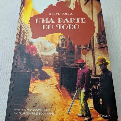 Capa do livro UMA PARTE DO TODO de Steve Toltz com ilustração de rua antiga e pessoas