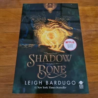 Capa do livro 'Shadow and Bone' com mãos segurando luz brilhante e selo Netflix