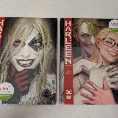 Capas dos livros HARLEEN de banda desenhada DC Black Label com ilustrações coloridas