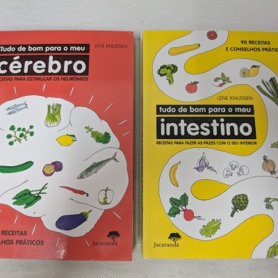 Dois livros, um vermelho sobre cérebro e um amarelo sobre intestino, com ilustrações de alimentos e textos em português.