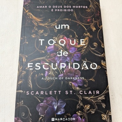 Capa de livro com título Um Toque de Escuridão e detalhes florais roxos e dourados