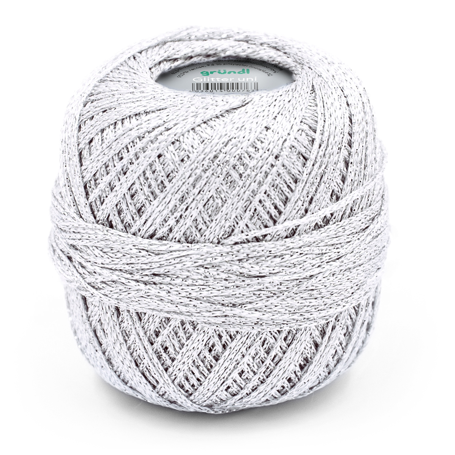Novelo branco de fio brilhante com etiqueta gründl Glitter uni e código de barras
