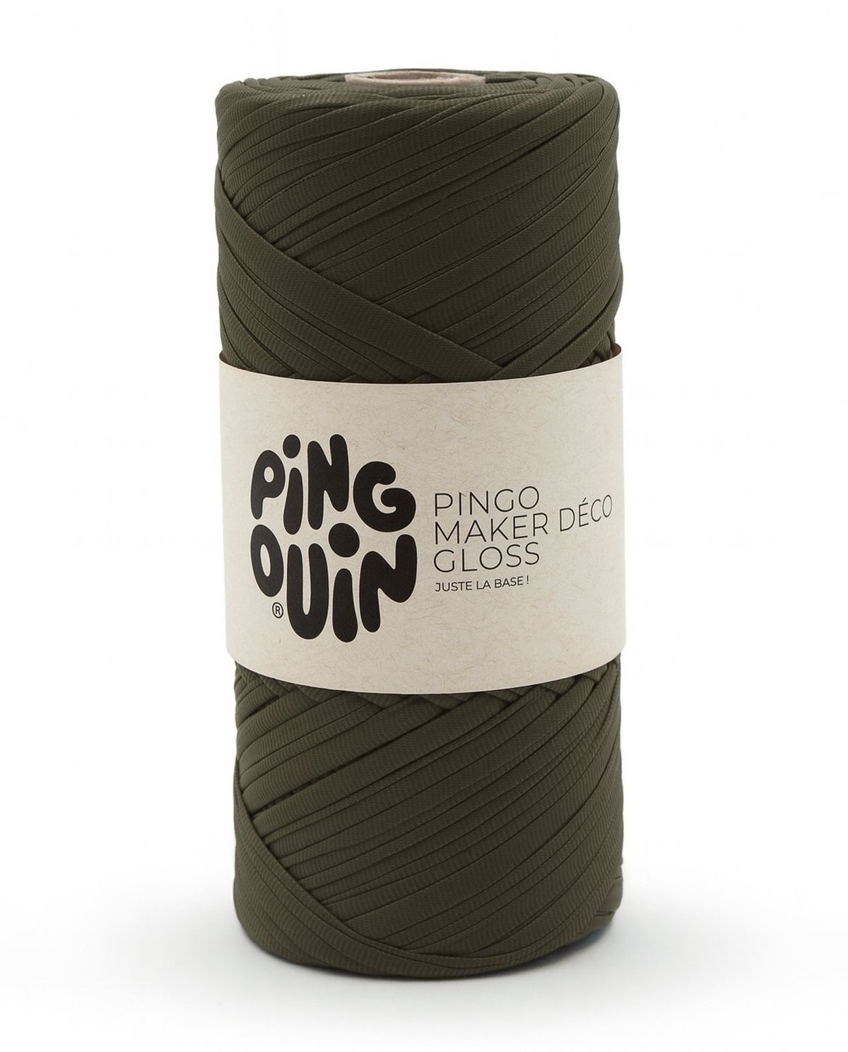 Rolo de fio verde-oliva com etiqueta PINGOUIN PINGO MAKER DÉCO GLOSS.