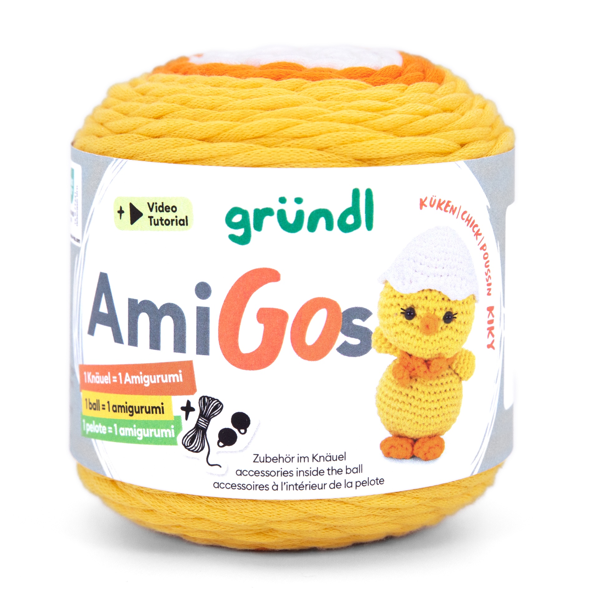 Novelo de lã amarelo com etiqueta branca e imagem de amigurumi de pintainho