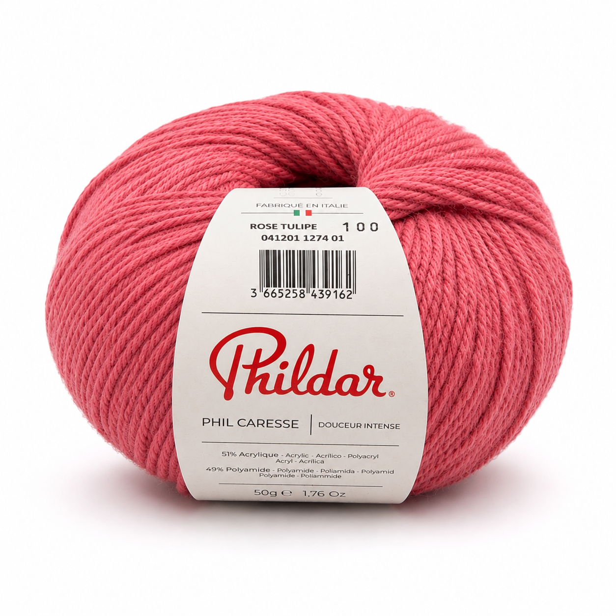 Novelo de lã cor de rosa com etiqueta Phildar