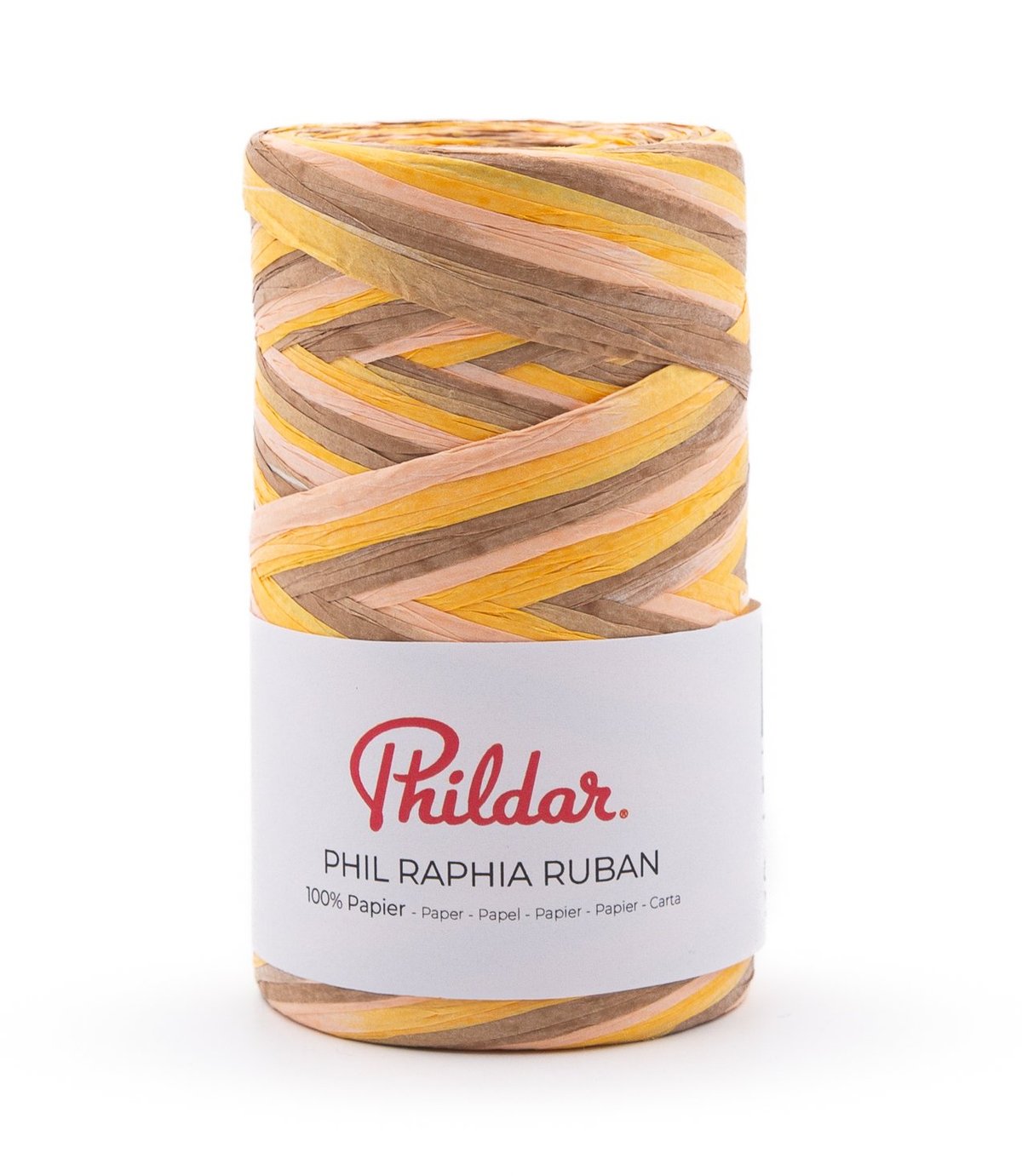 Rolo de fita ráfia colorida da marca Phildar com etiqueta branca.