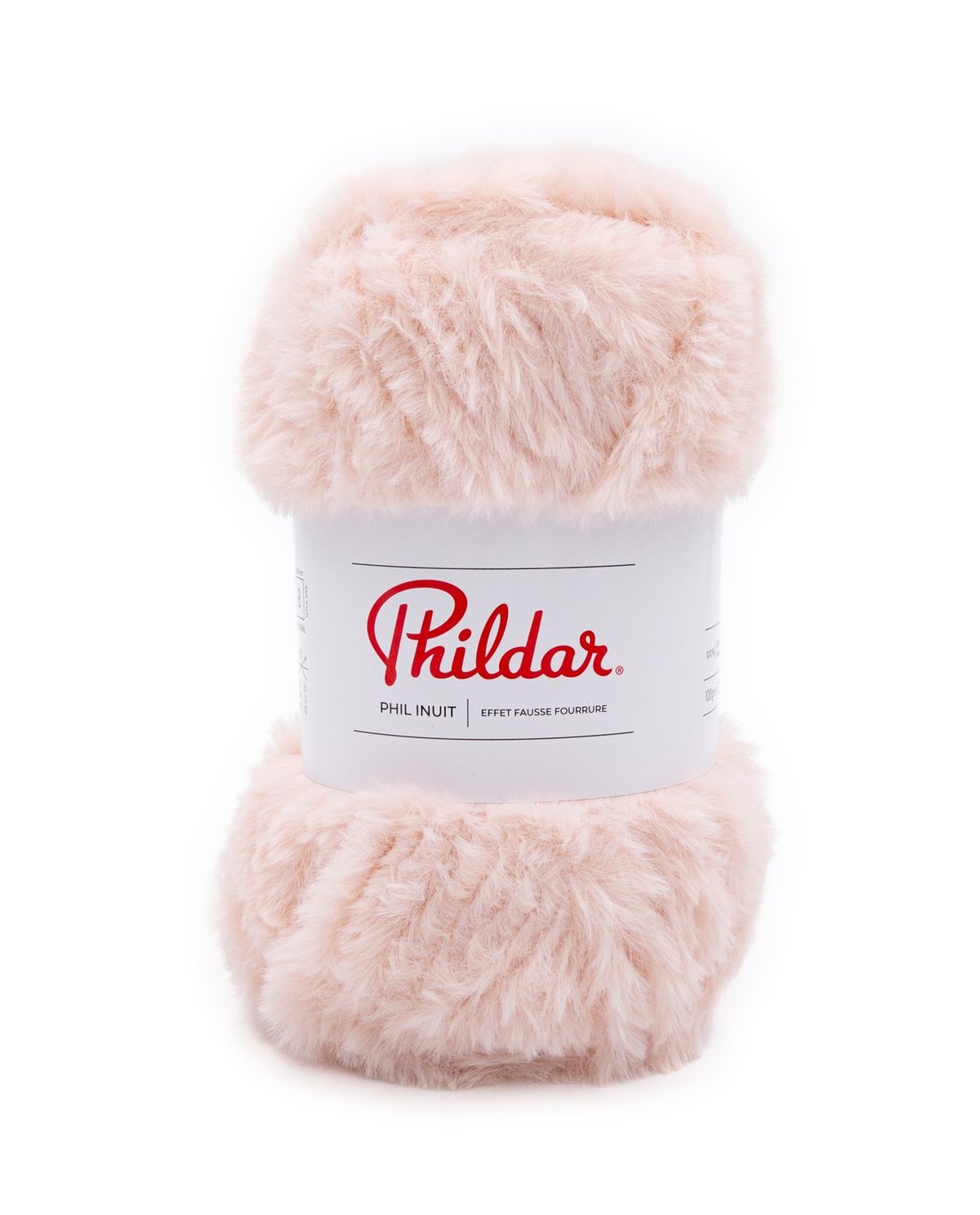Novelo de fio felpudo rosa claro Phildar com etiqueta branca.
