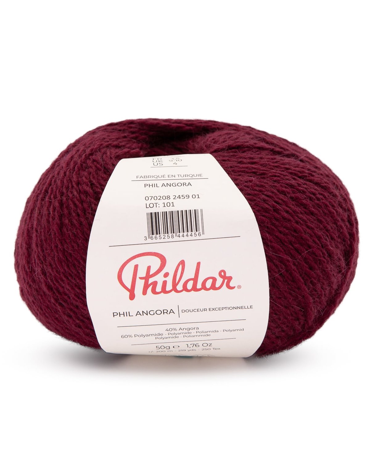 Novelo de fio de lã Phil Angora vinho com etiqueta branca