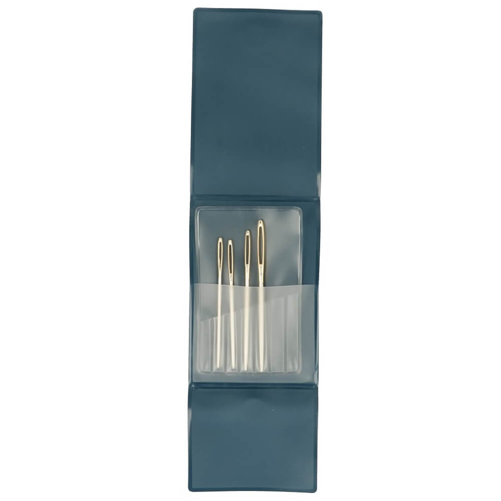 Conjunto de agulhas douradas em embalagem azul