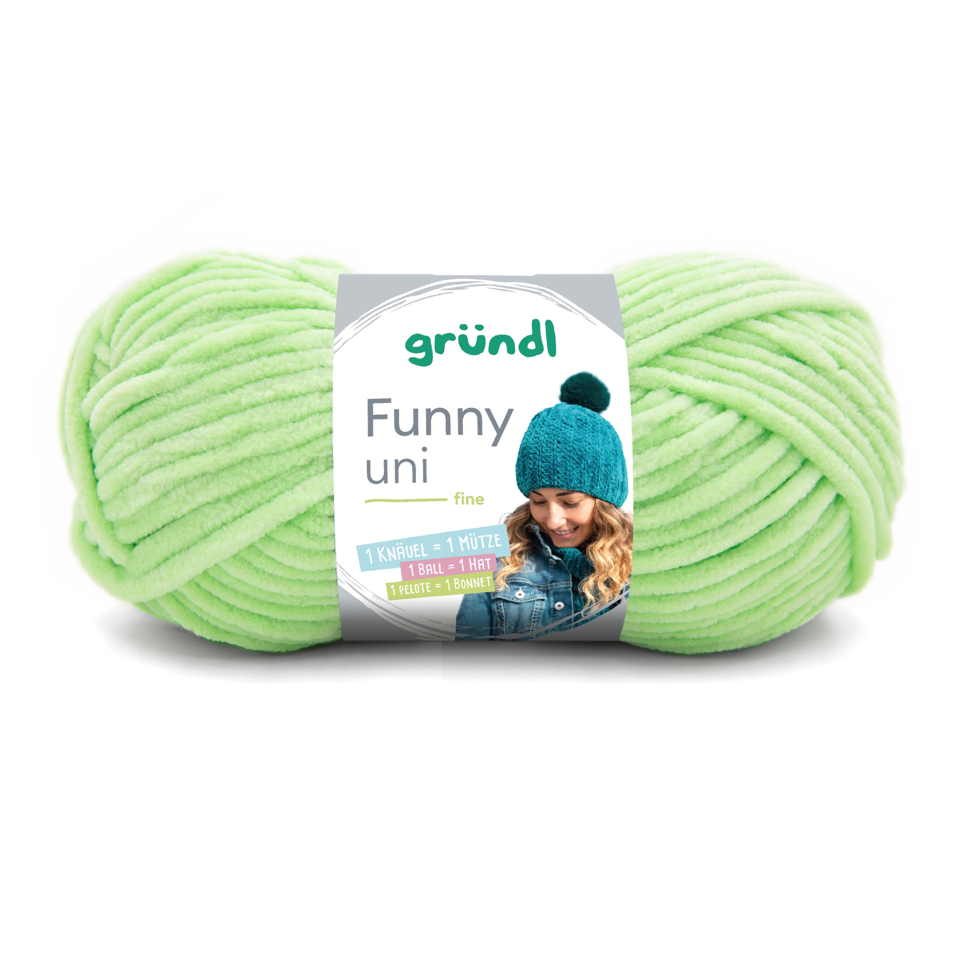 Novelo de lã verde claro com etiqueta da gründl Funny uni fine