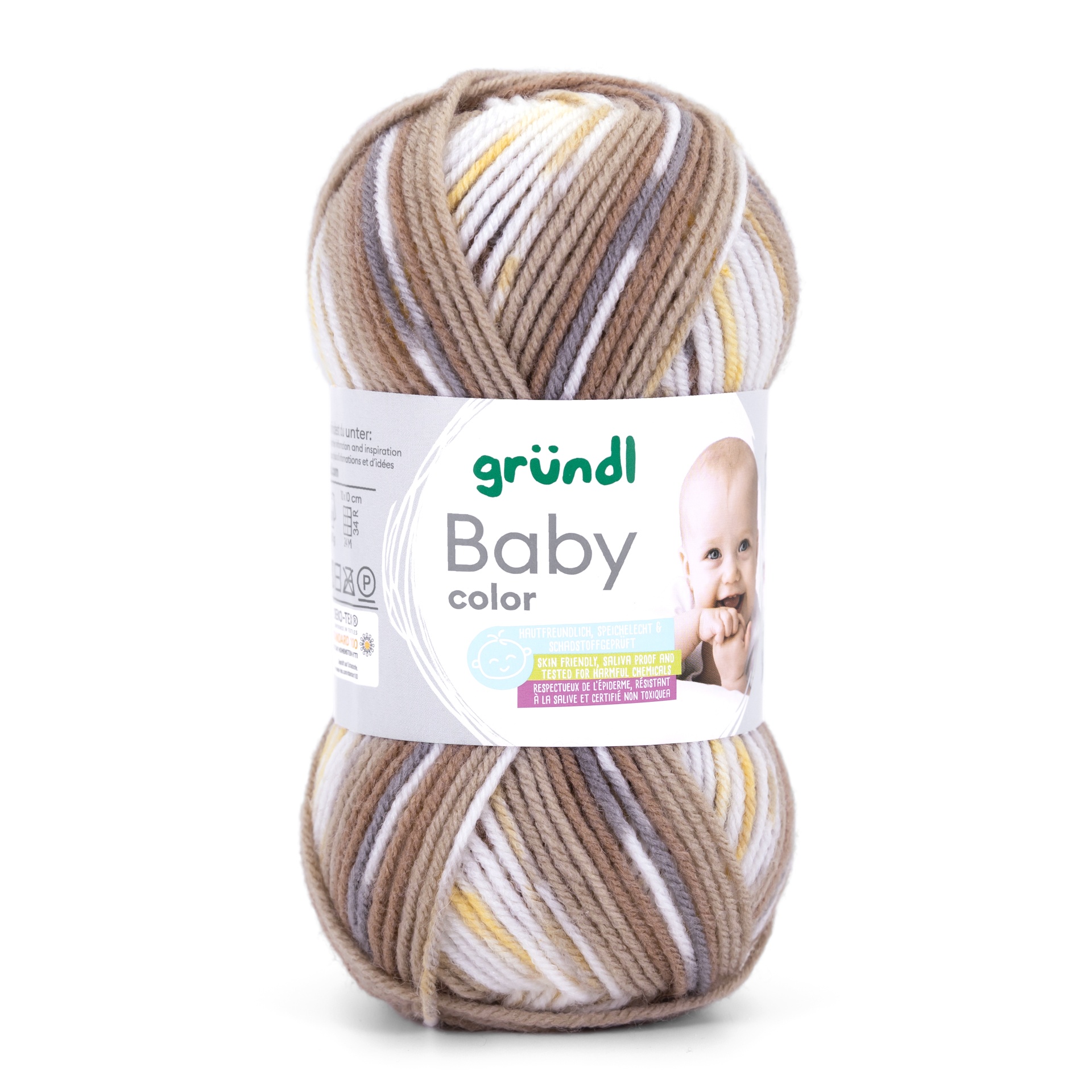 novelo de lã multicolor Baby color da marca gründl com etiqueta e imagem de bebé