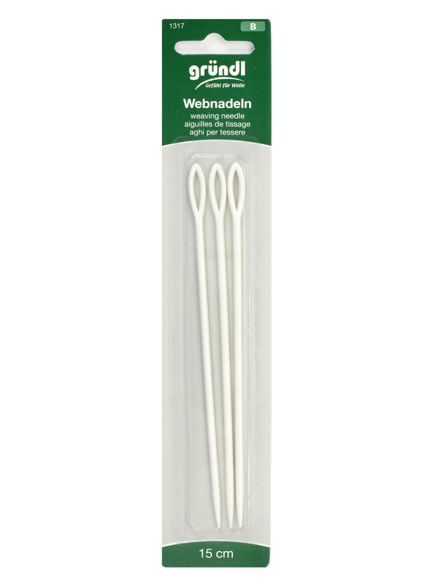 Pack de 3 agulhas de tecido bege de 15 cm da marca gründl em embalagem verde e branca