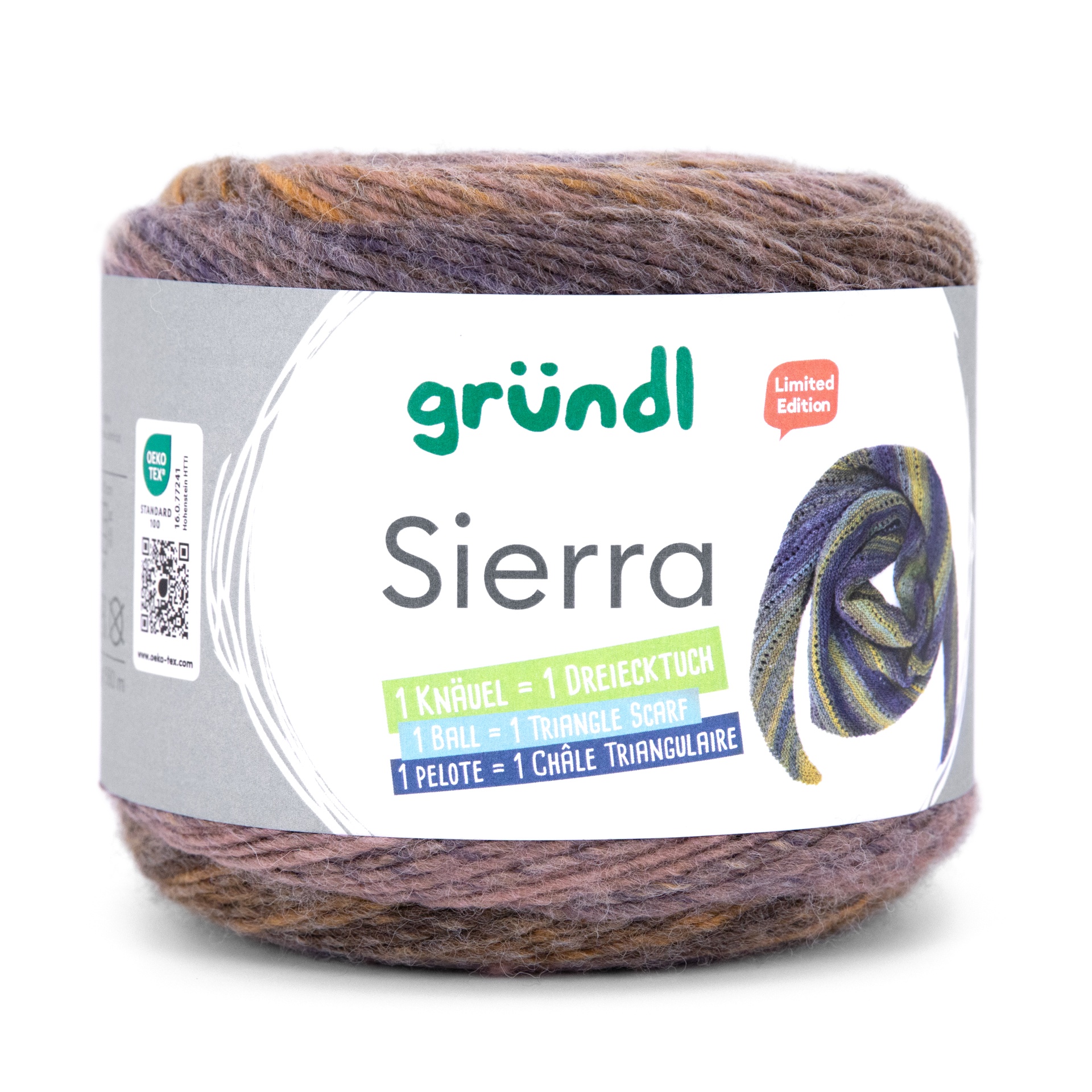 Novelo de lã multicolor roxo, castanho e cinza com etiqueta informativa