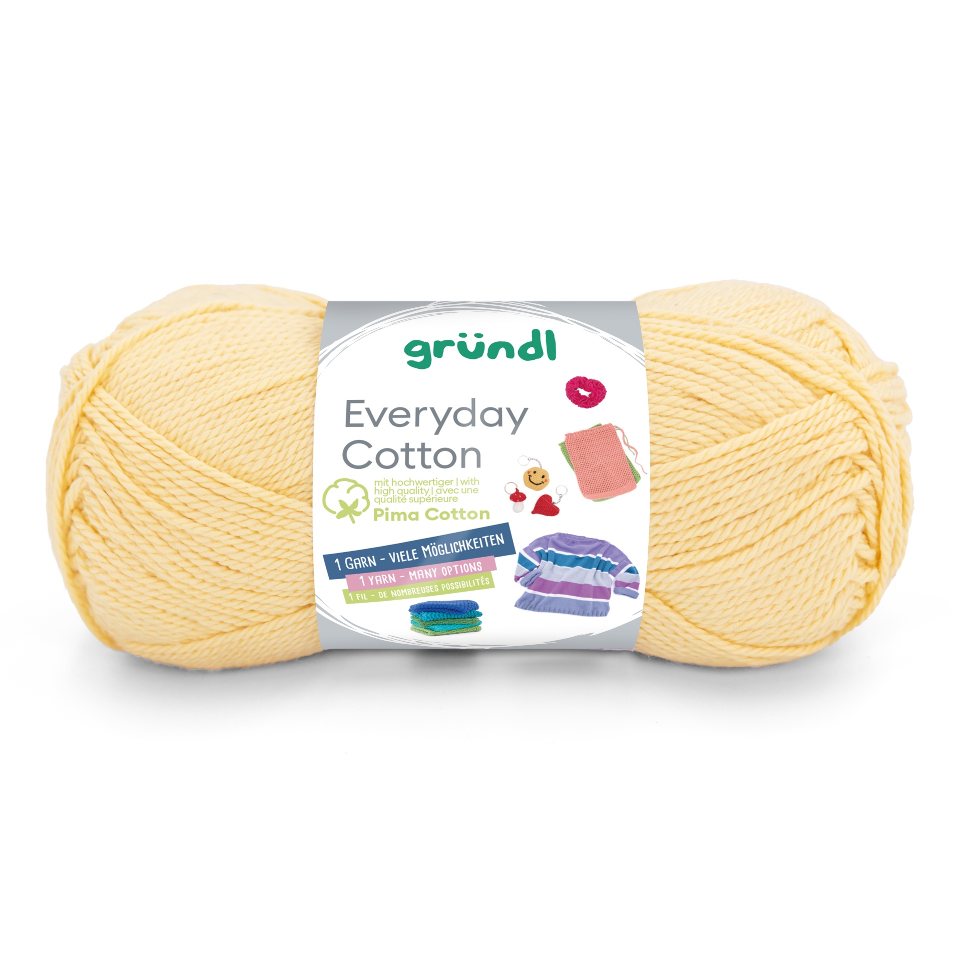 Novelo de fio de algodão amarelo claro com embalagem do produto grundl Everyday Cotton