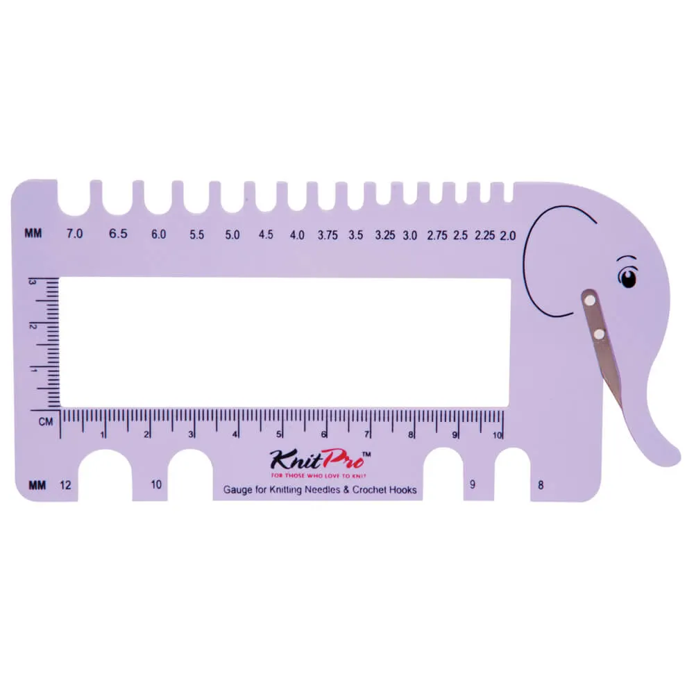 Régua lilás forma de elefante com medidas para agulhas de tricô