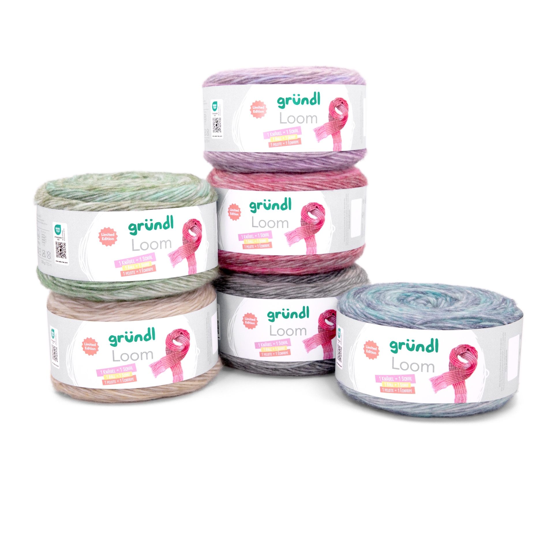 Novelos de lã de cores variadas com rótulos gründl Loom