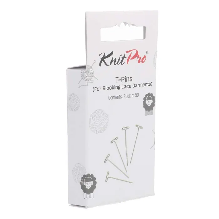 Embalagem branca de pins T-Pins KnitPro para bloqueio de peças de renda com texto e ilustrações de ovelhas e novelos.