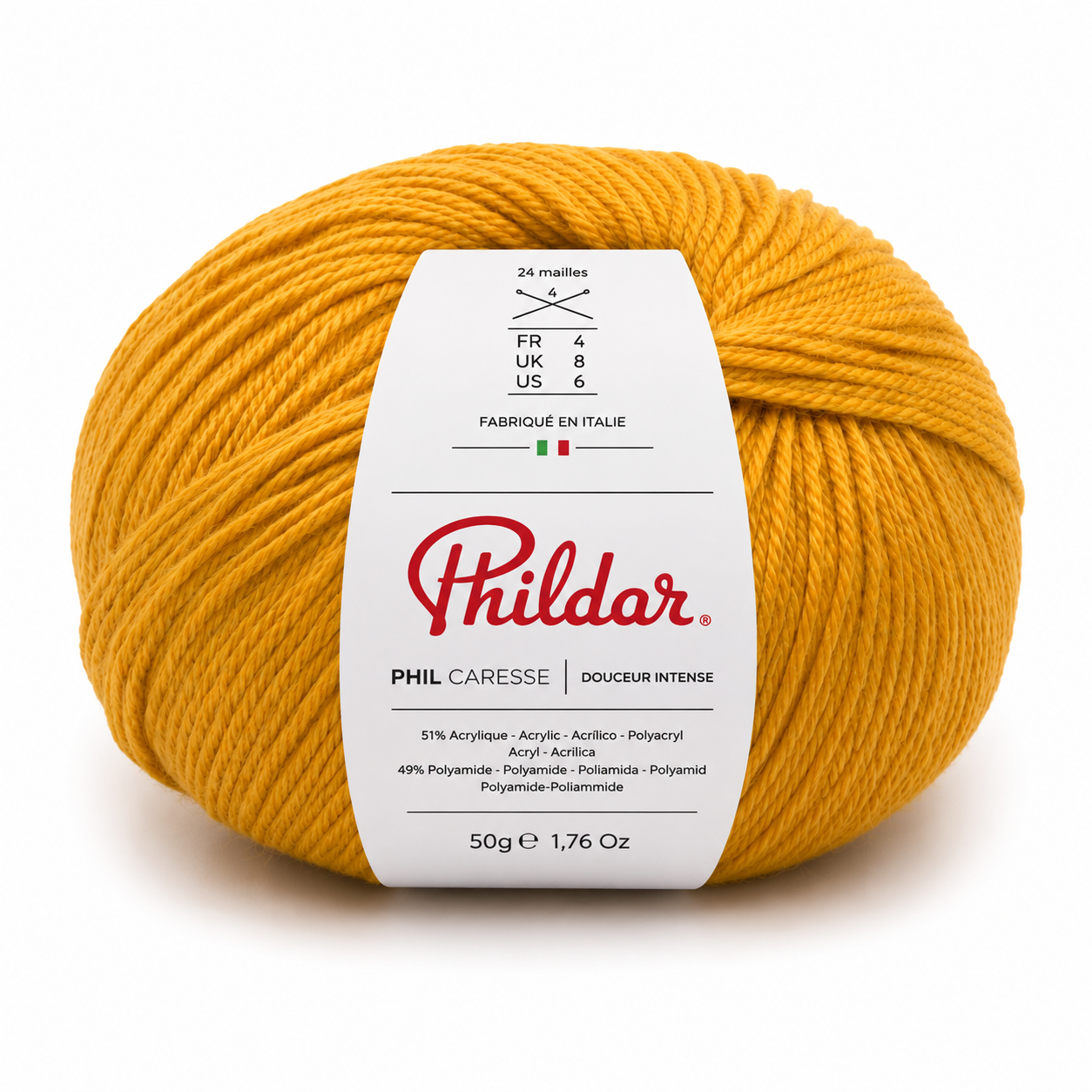 Novelo de lã amarelo Phildar com etiqueta branca