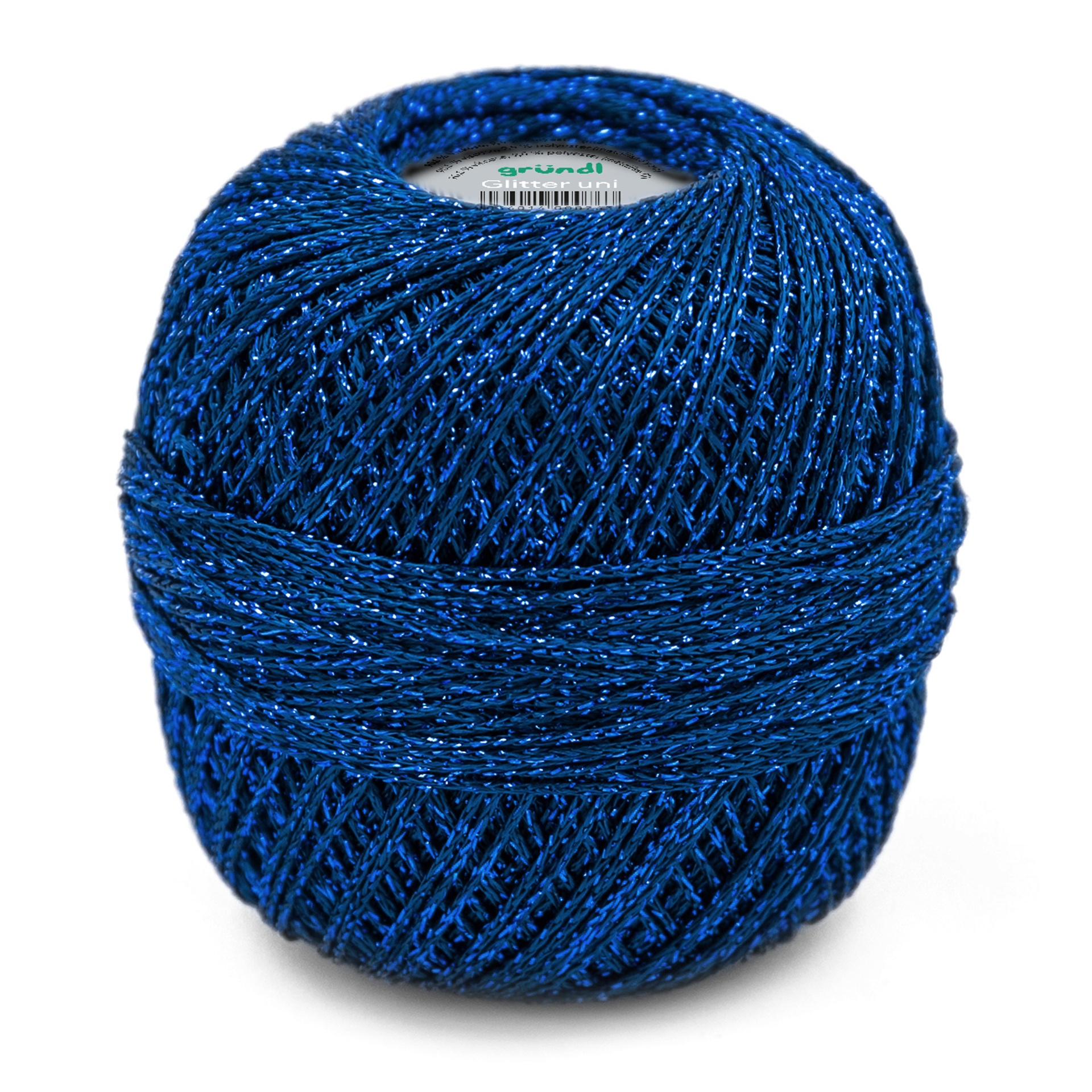 Novelo de fio azul metálico brilhante com etiqueta central GRÜNDL Glitter uni