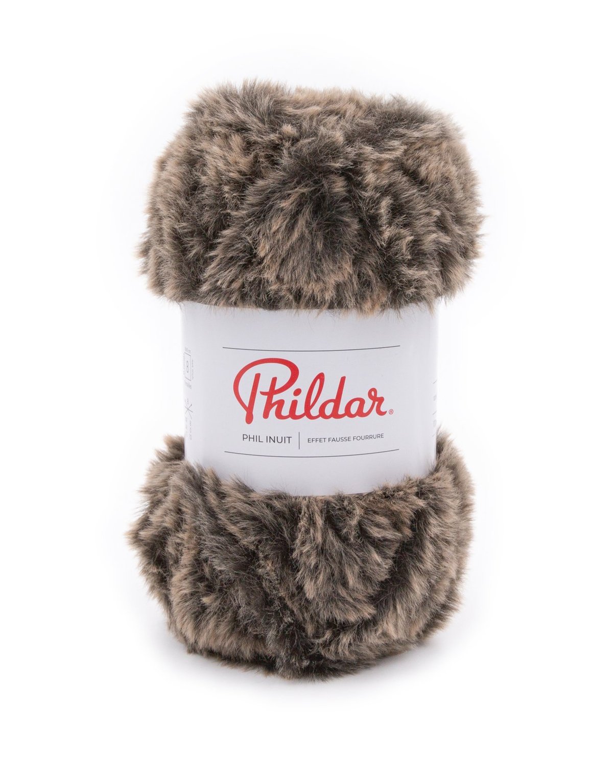 Ovillo de fio peludo cinza e castanho com etiqueta Phildar sobre fundo branco