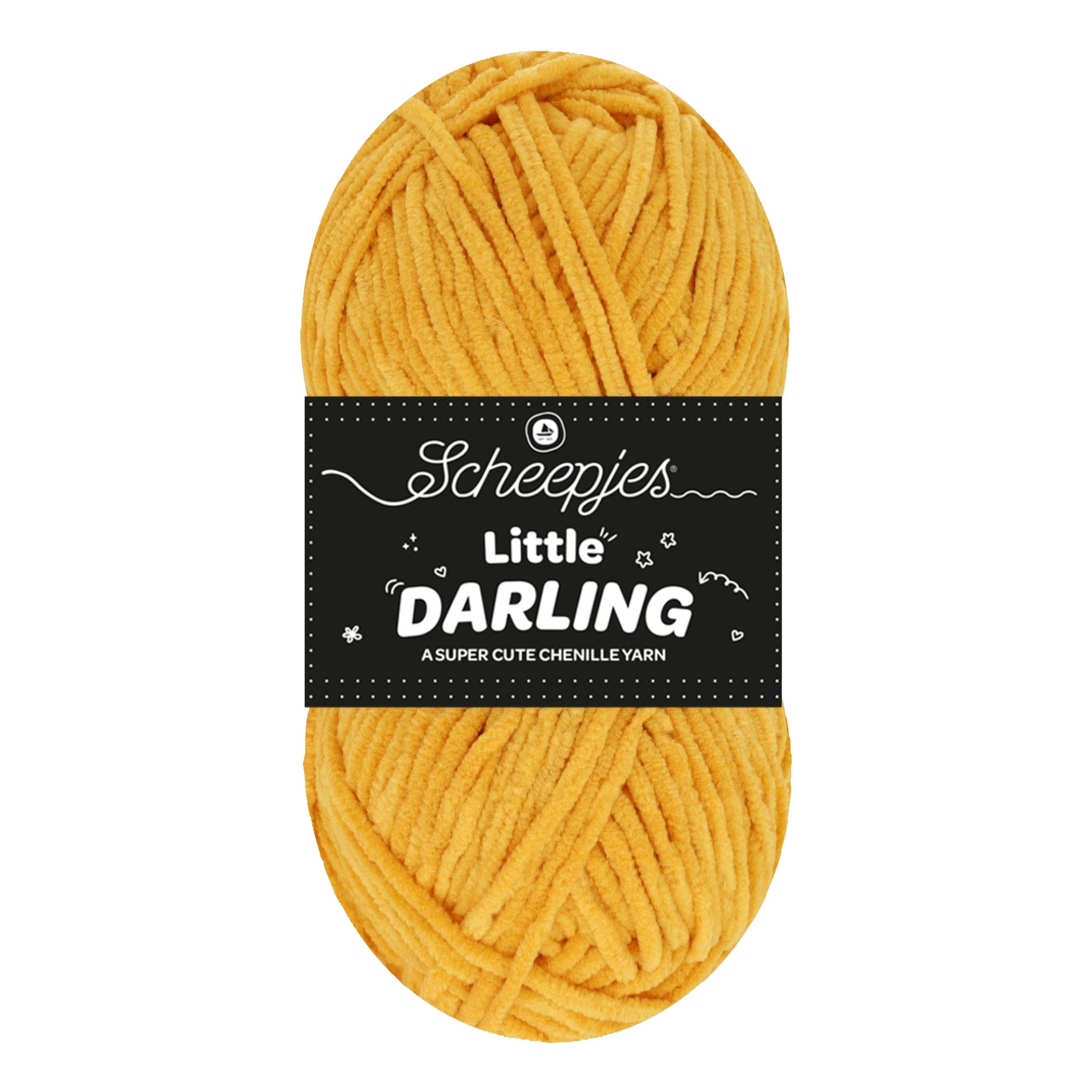 Novelo de lã chenille amarelo mostarda com etiqueta preta e branca