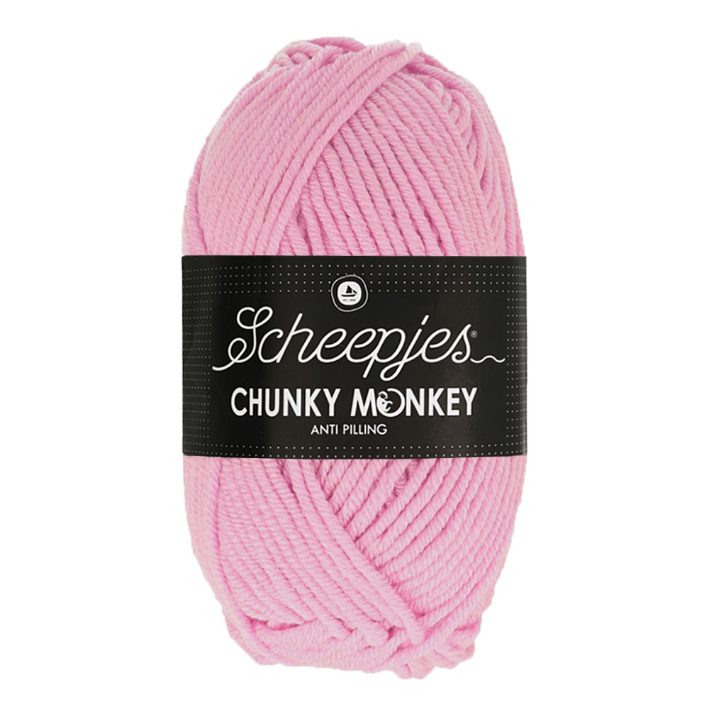 Novelo de lã rosa com etiqueta preta Scheepjes Chunky Monkey