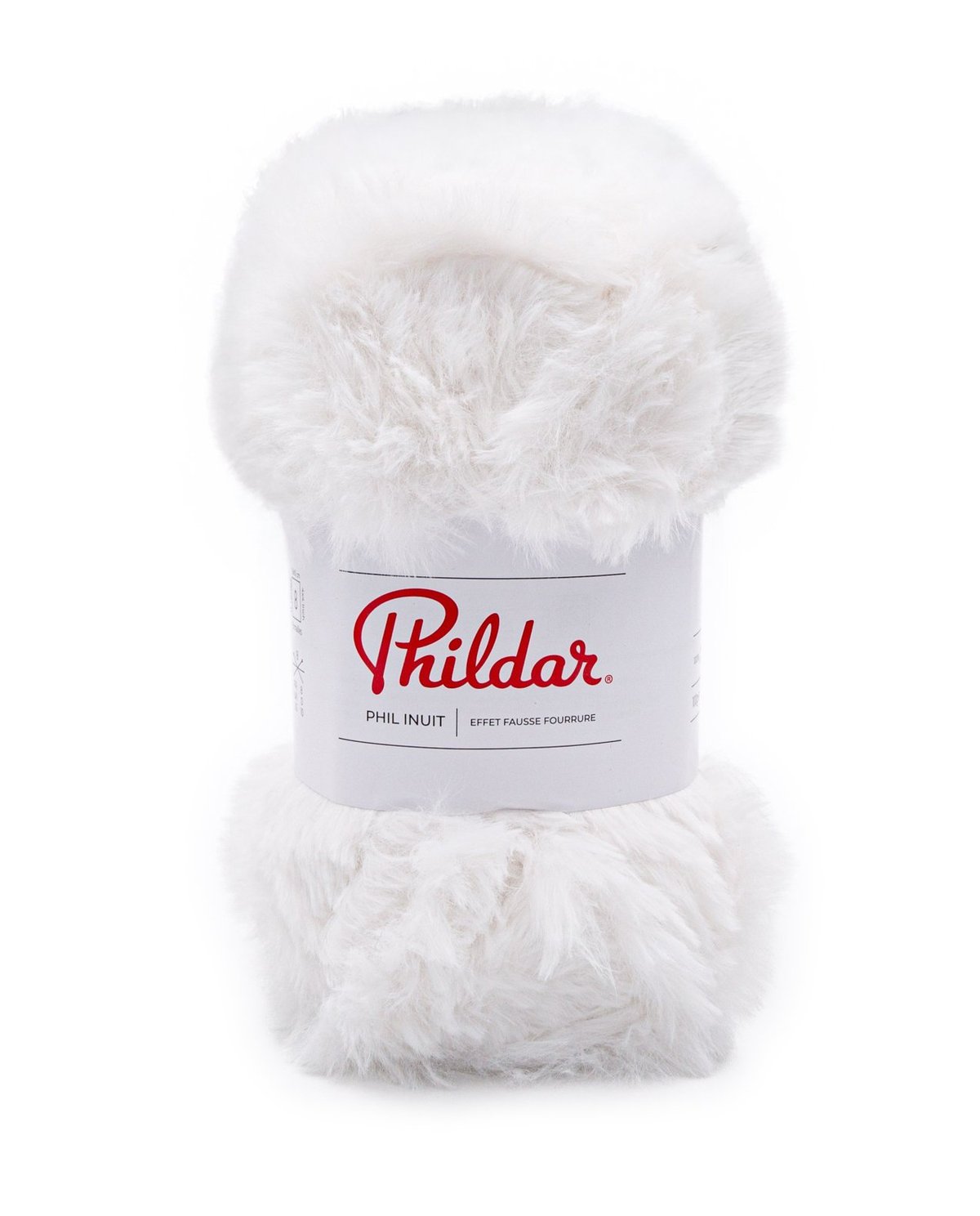 Novelo de fio felpudo branco da marca Phildar com etiqueta.