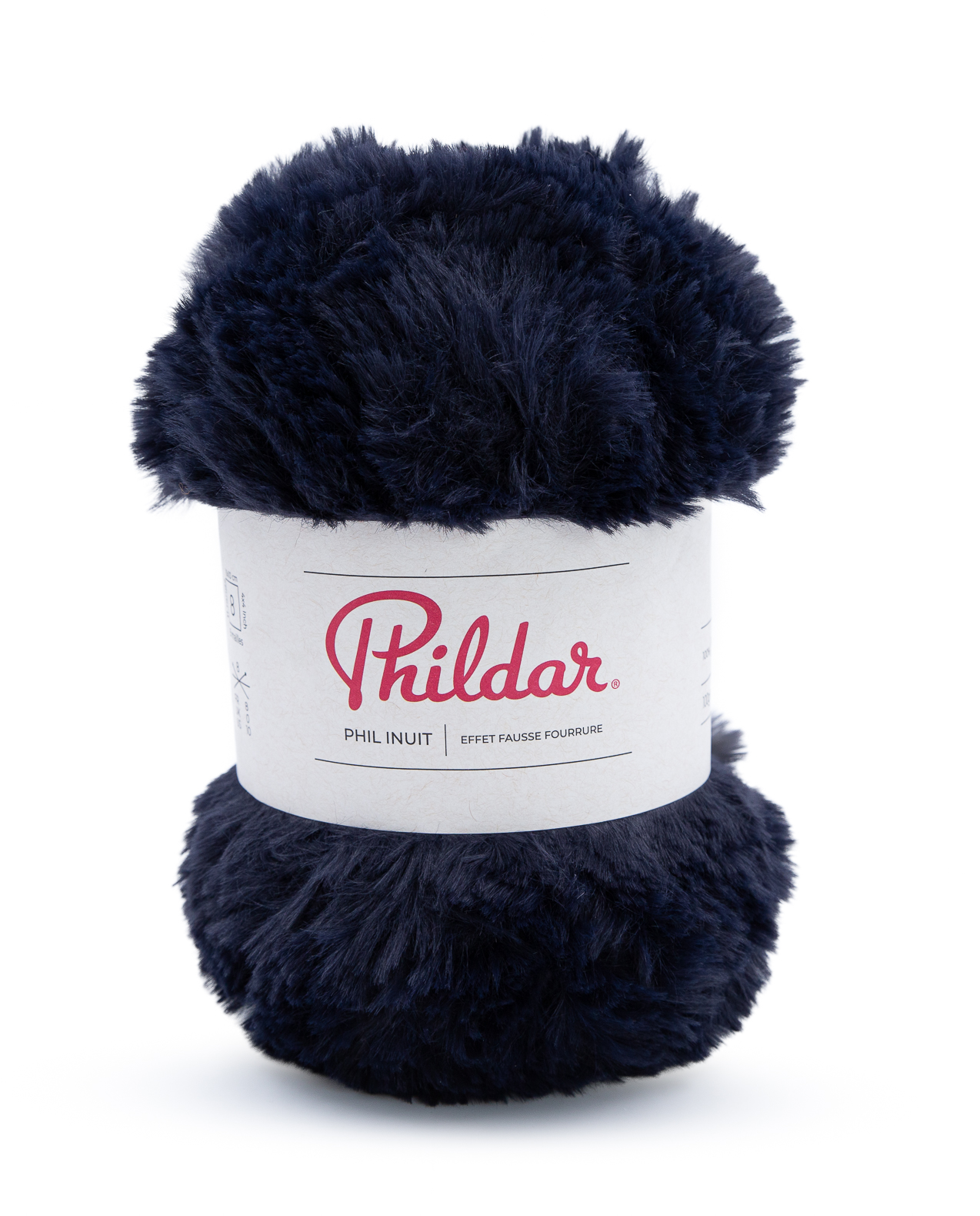 Novelo de lã azul escura da marca Phildar com rótulo branco