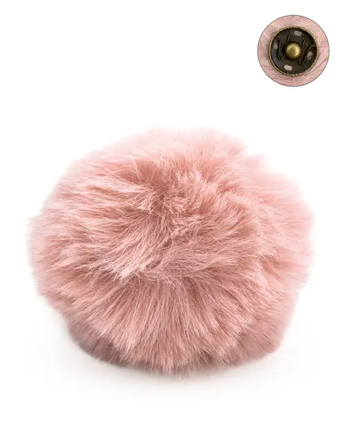 Pomo redondo peludo cor de rosa com fixação metálica dourada.