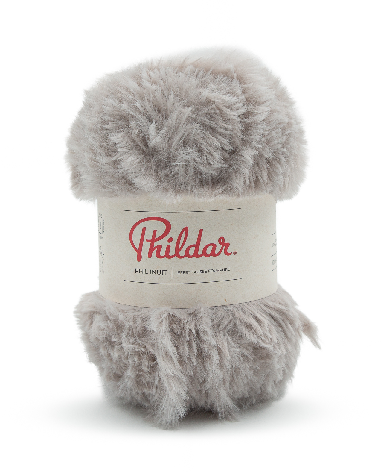 Novelo de fio cinza claro felpudo da Phildar com etiqueta branca