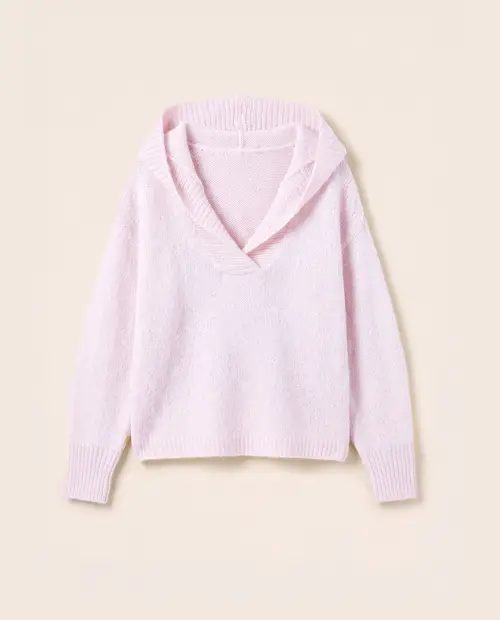 Camisola de malha rosa clara com capuz e gola em V