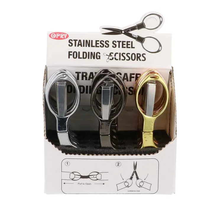 Três tesouras de dobra em aço inoxidável em embalagem branca com texto