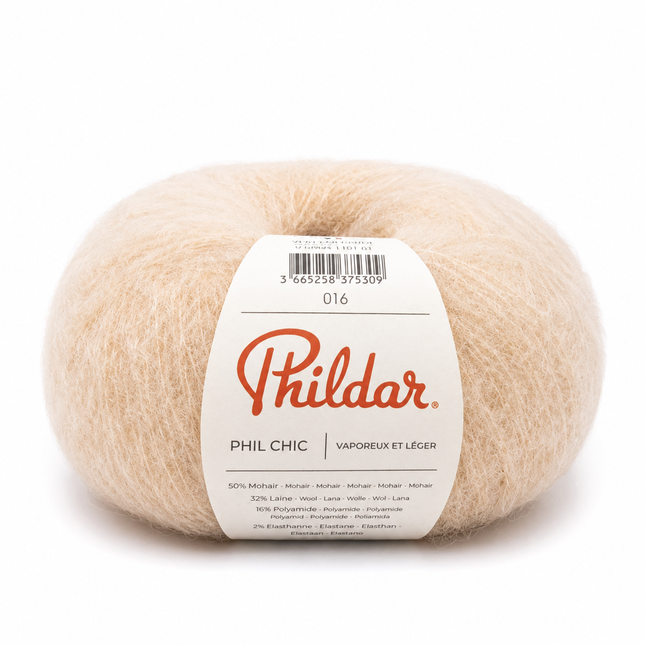 Novelo de lã mohair bege Phildar com etiqueta detalhando composição