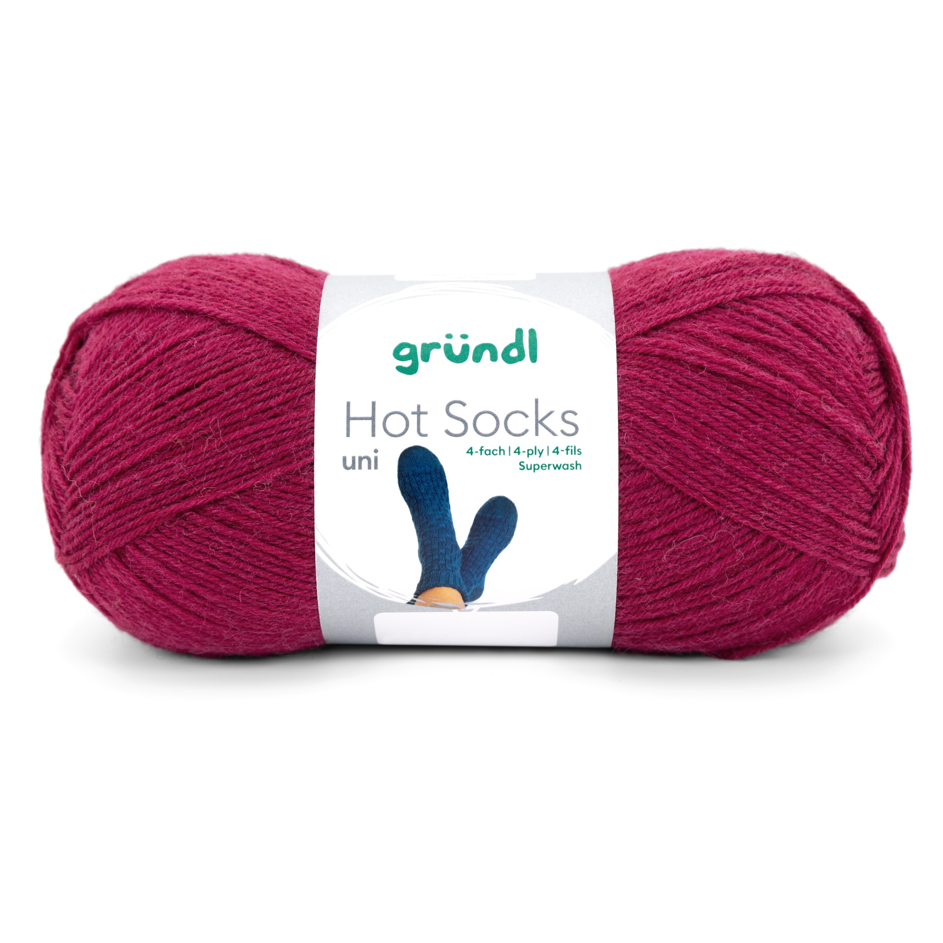 Novelo de lã para meias cor bordô com etiqueta da marca gründl Hot Socks uni