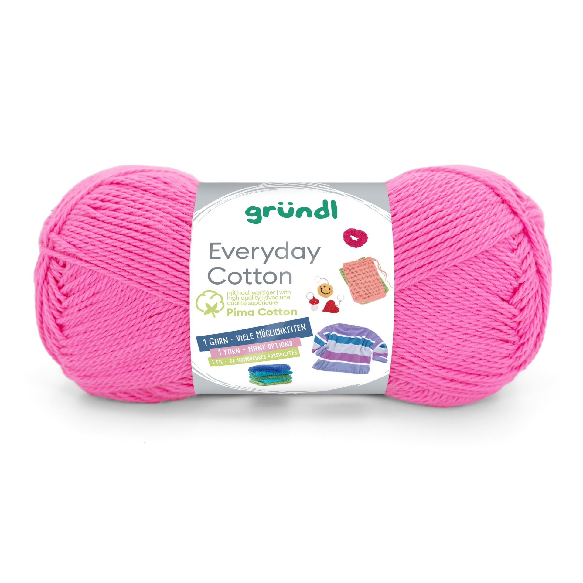 Novelo de fio de algodão rosa com rótulo branco da marca gründl