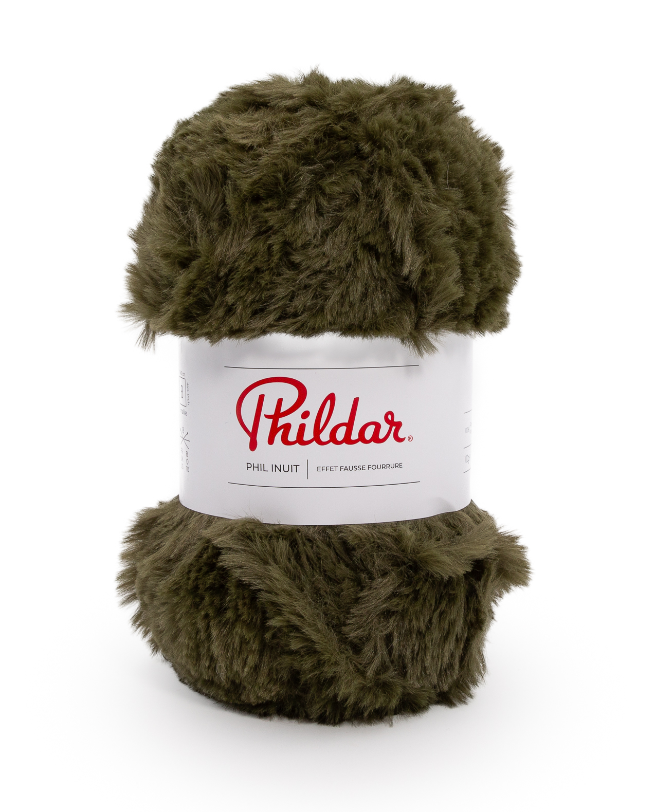 Novelo de fio castanho felpudo com rótulo branco Phildar