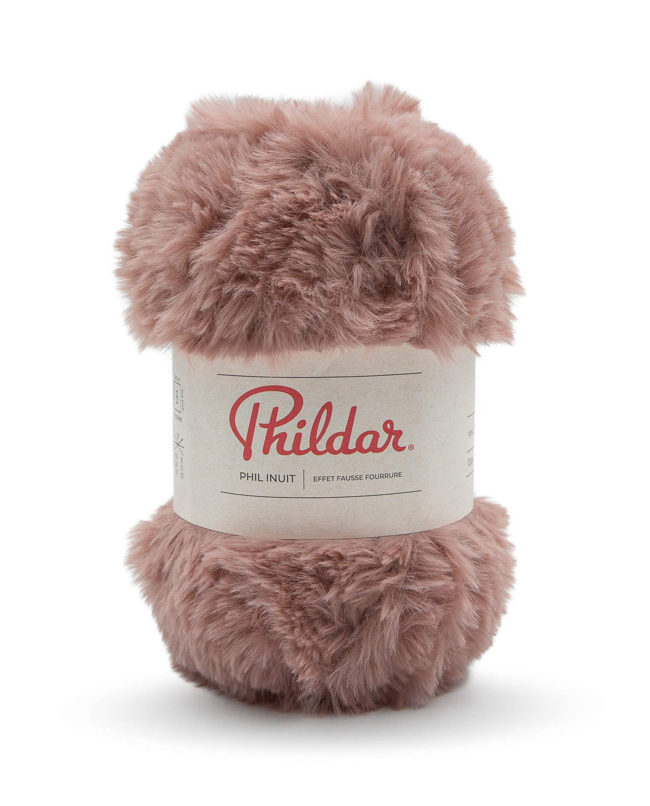 Novelo de lã felpuda rosa seco com etiqueta Phildar