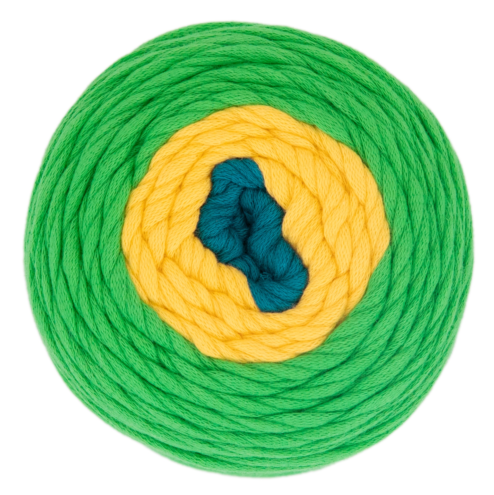 Bola de lã multicolorida enrolada em camadas de verde, amarelo e azul
