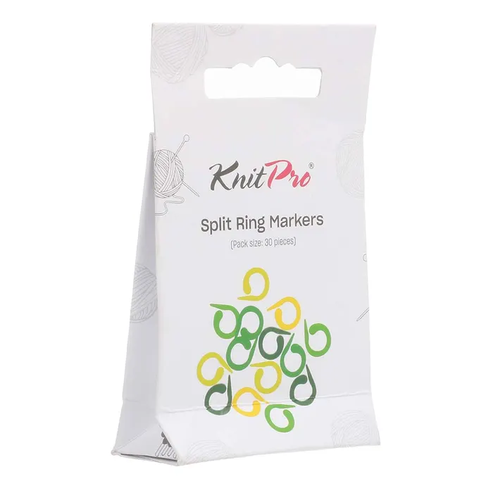 Embalagem branca com marcadores anelares amarelos, verdes e cinza da marca KnitPro