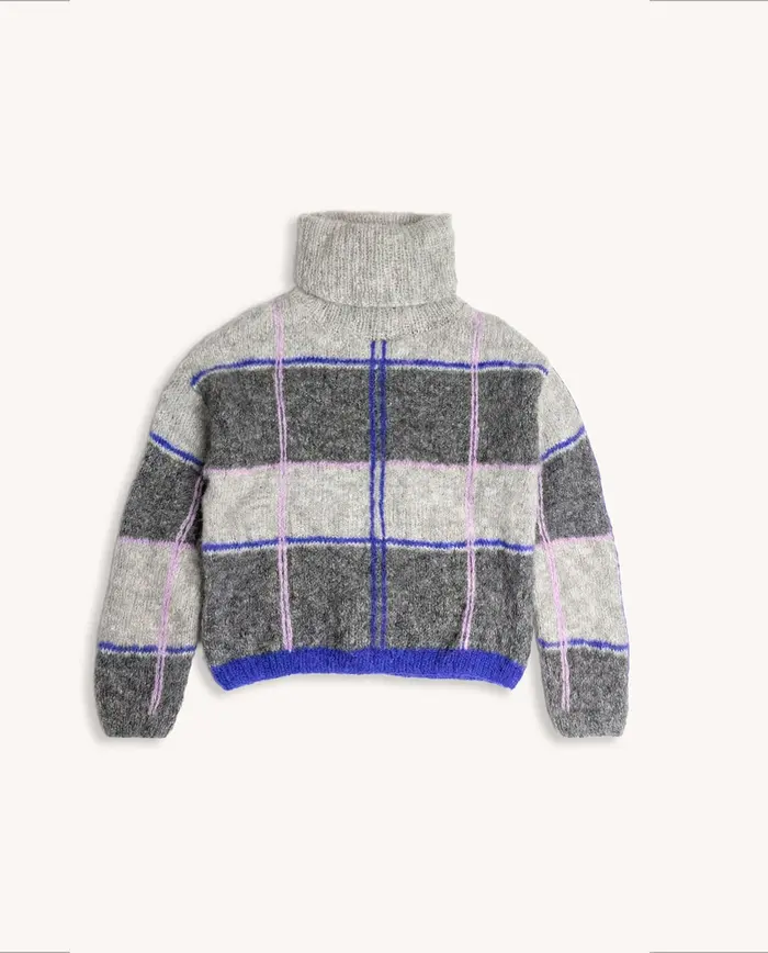 Camisola de gola alta xadrez em cinzento, azul e lilás