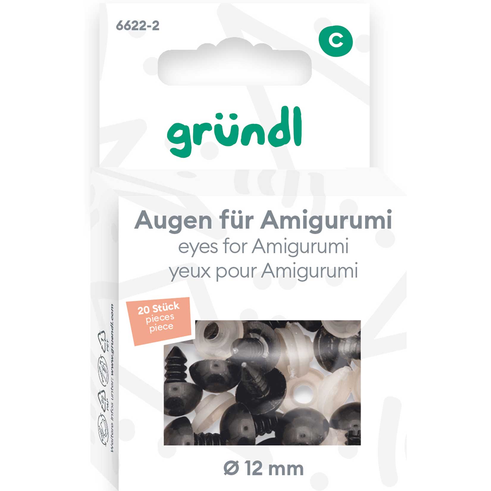 Embalagem de olhos para Amigurumi da gründl, 20 peças, Ø 12 mm