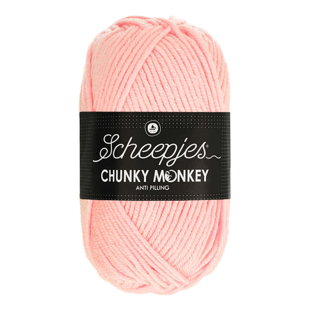 Novelo de lã rosa claro com etiqueta preta Scheepjes Chunky Monkey