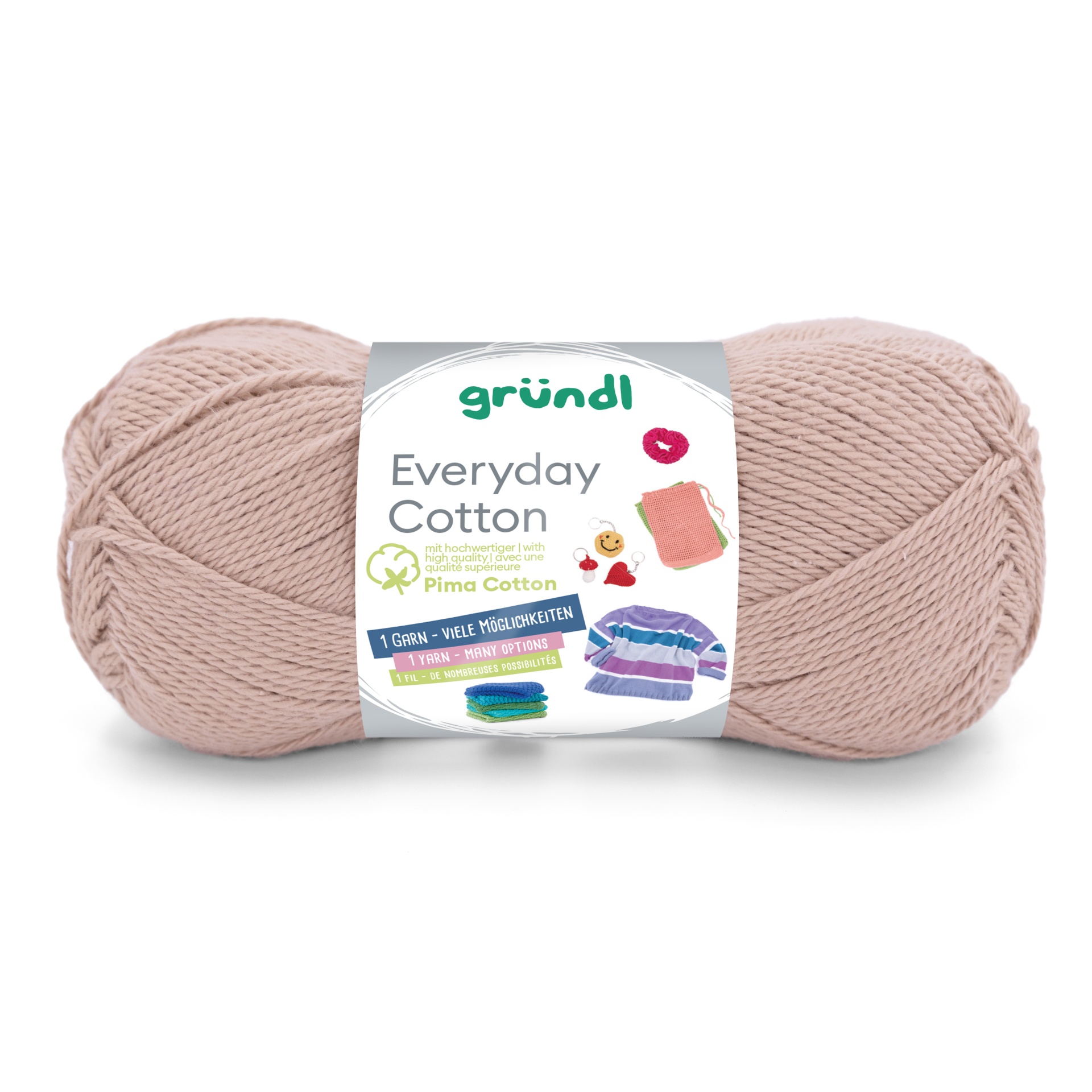 Novelo de fio algodão bege claro com rótulo branco e colorido