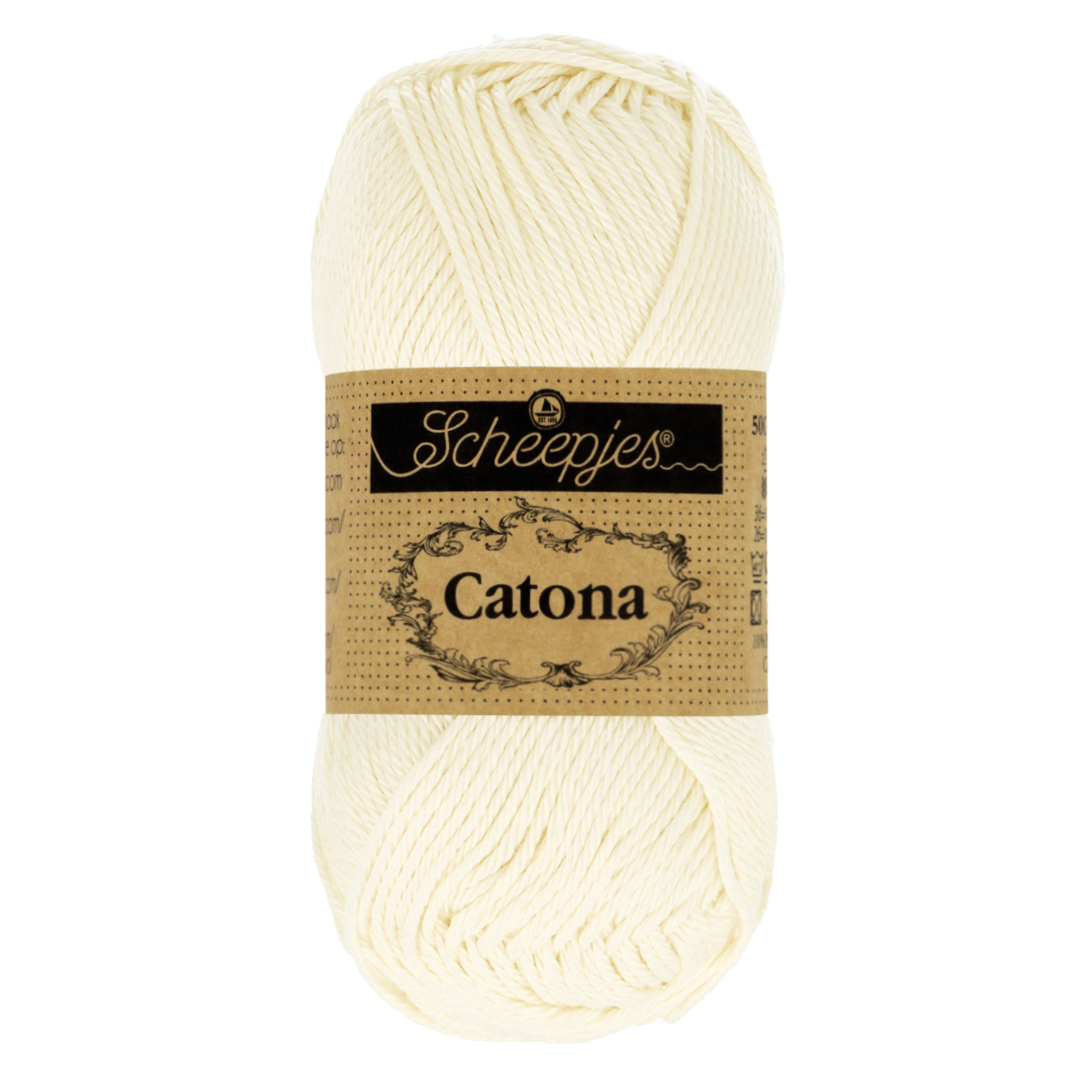 Novelo de fio branco Scheepjes Catona com rótulo castanho