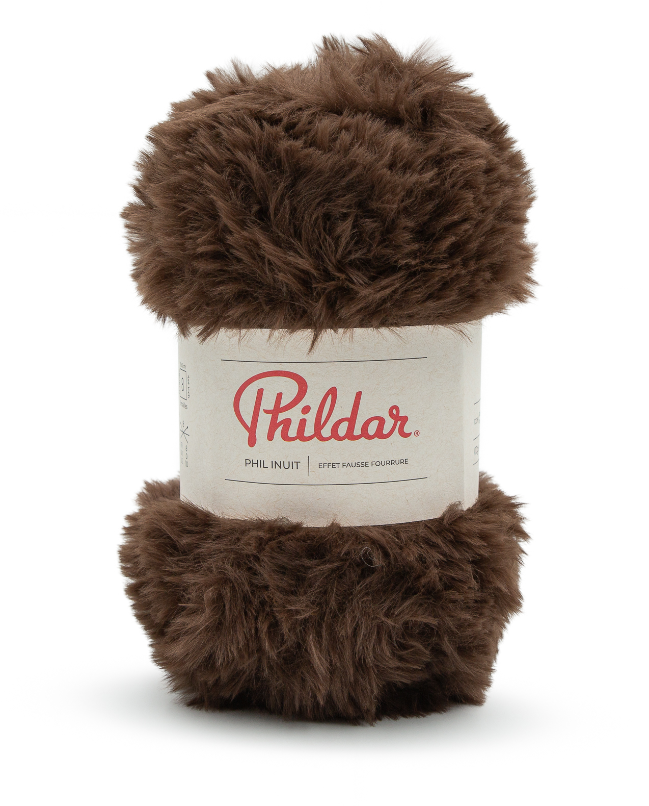 Novelo de lã peluda castanha com rótulo branco Phildar.