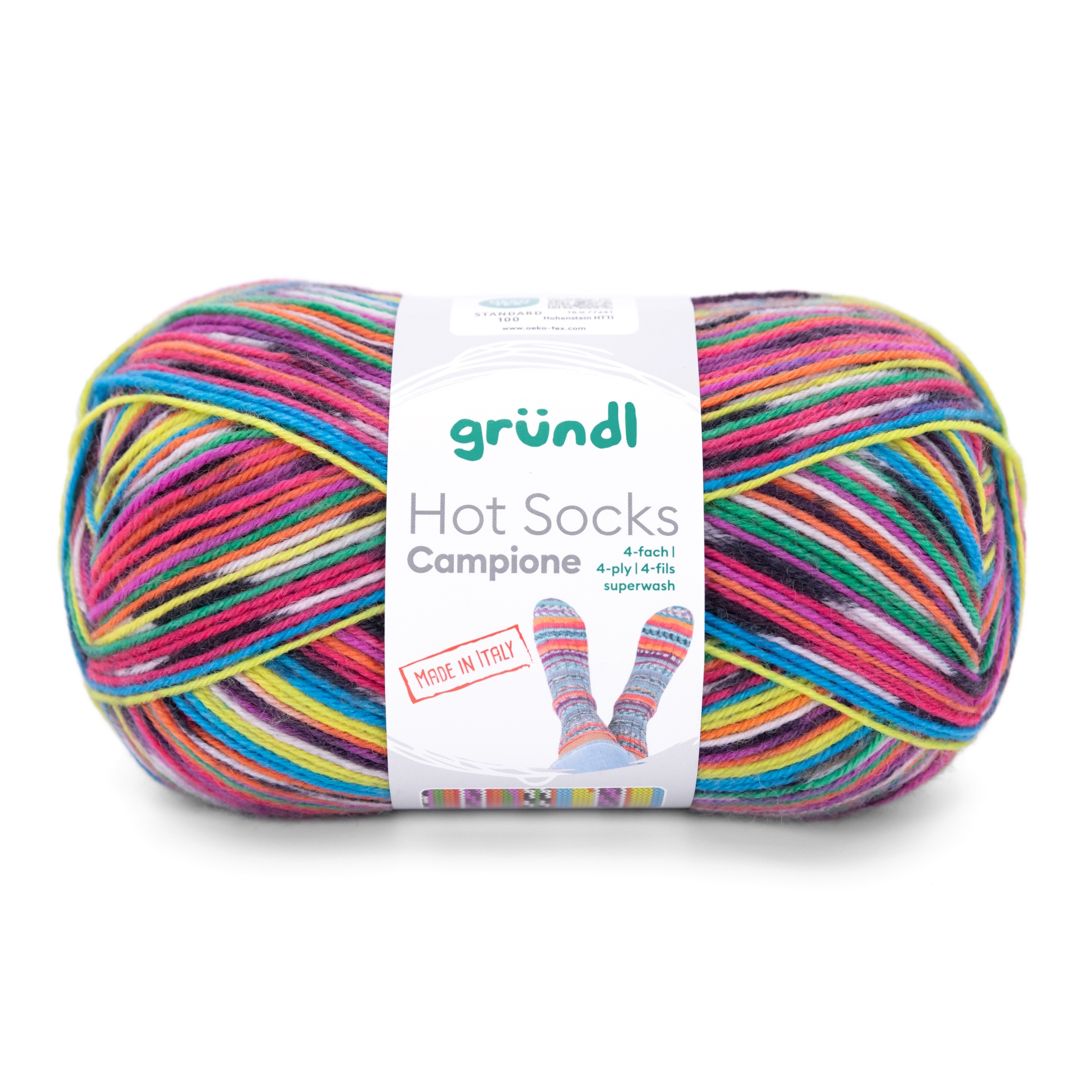 Novelo de lã multicolorido grünld Hot Socks Campione com rótulo
